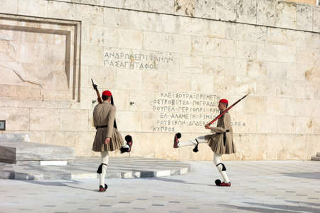 ATHENS, GREECE - MAY 15: Evzones changing the guard at the Tomb of the Unknown Soldier in front of the Greek Parliament Building at Syntagma Square on May 15, 2014 in Athens,Greece. のeditorial素材