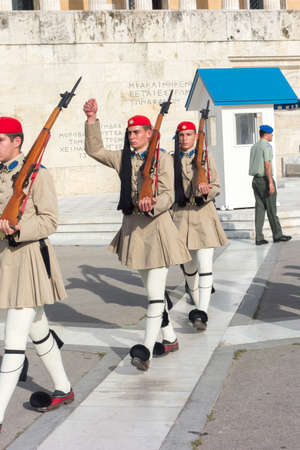 ATHENS, GREECE - MAY 15: Evzones changing the guard at the Tomb of the Unknown Soldier in front of...