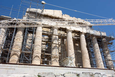 ATHENS, GREECE - MAY 15: Tourists in famous old city Acropolis Parthenon Temple on May 15, 2014 in Athens, Greece. Its construction began in 447 BC in the Athenian Empire. It was completed in 438 BC のeditorial素材