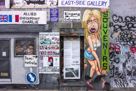 BERLIN, GERMANY-FEB 15:East Side Gallery Berlin graffiti on Feb 15,2014 in Berlin. It's a 1.3 km long part of original Berlin Wall which collapsed in 1989 and now is the largest world graffiti galleryのeditorial素材