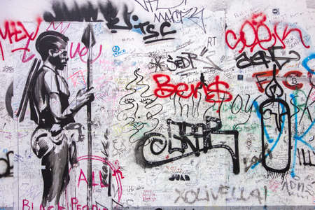 BERLIN, GERMANY-FEB 15:East Side Gallery Berlin graffiti on Feb 15,2014 in Berlin. It's a 1.3 km long part of original Berlin Wall which collapsed in 1989 and now is the largest world graffiti galleryのeditorial素材