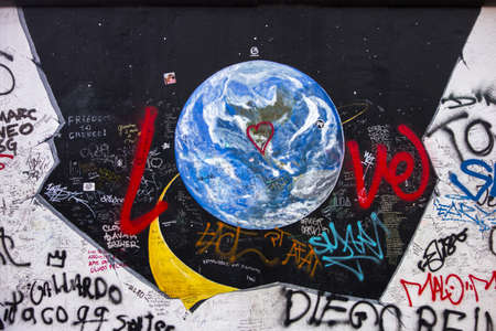 BERLIN, GERMANY-FEB 15:East Side Gallery Berlin graffiti on Feb 15,2014 in Berlin. It's a 1.3 km long part of original Berlin Wall which collapsed in 1989 and now is the largest world graffiti galleryのeditorial素材