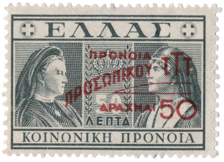 GREECE - CIRCA 1939: Postage stamps printed in Greece, shows Queen Olga and Queen consort of the Hellenes (overprint Social Care, 1946), circa 1939

の写真素材