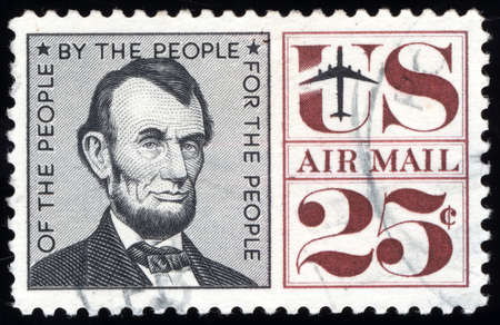 USA - CIRCA 1959: A stamp printed by USA shows image portrait of President Abraham Lincoln...