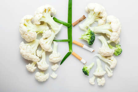 Imitation ofÂ aÂ smokerâs lungs formed by cauliflower and cigarette butts.の写真素材