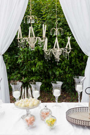 Wedding dessert table out of the churchの写真素材
