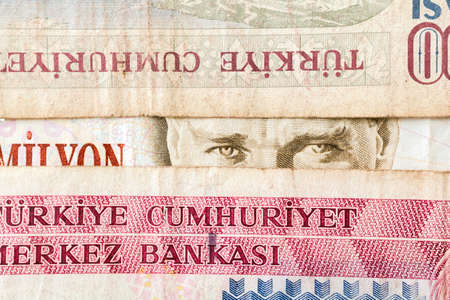 Close up of old banknote. Issued to honor Mustafa Kemal Ataturk who founder Turkish Republic の写真素材
