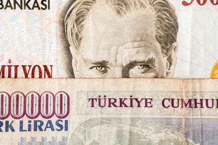 Close up of old banknote. Issued to honor Mustafa Kemal Ataturk who founder Turkish Republic の写真素材