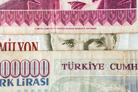 Close up of old banknote. Issued to honor Mustafa Kemal Ataturk who founder Turkish Republic の写真素材