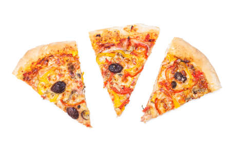 Sliced home made pizza isolated on white background の写真素材