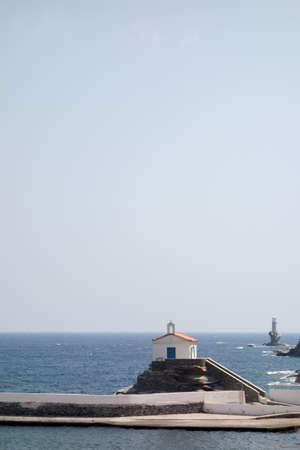 ANDROS, GREECE - JULY 22, 2014: Marina of Andros, is the northernmost island of the Greek Cyclades archipelago in the Aegean Sea - area is 380 km2, 40 km long, and its greatest breadth is 16 km.の写真素材