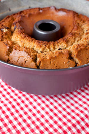 Fresh baked cake with chocolate in a round form on plaid backgroundの写真素材