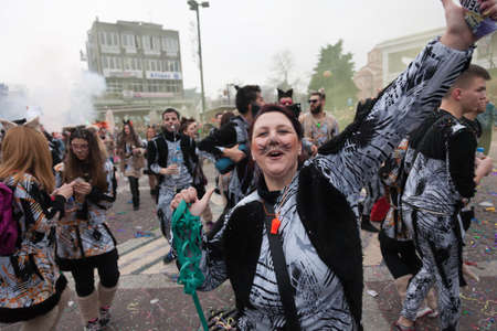 XANTHI, GREECE - FEB 22: Unidentified participants of carnival street parade in Xanthi on Feb. 22, 2015 in Rodopi, Xanthi, Greece. Group of people dancing dressed in carnival costumes.のeditorial素材