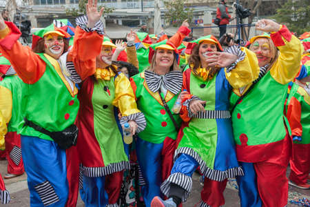 XANTHI, GREECE - FEB 22: Unidentified participants of carnival street parade in Xanthi on Feb. 22, 2015 in Rodopi, Xanthi, Greece. Group of people dancing dressed in carnival costumes.のeditorial素材
