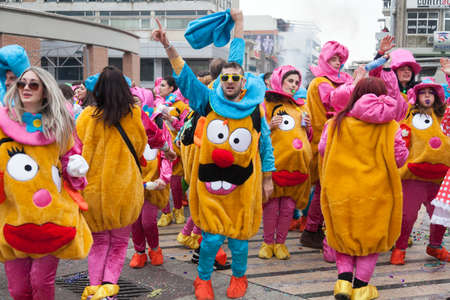 XANTHI, GREECE - FEB 22: Unidentified participants of carnival street parade in Xanthi on Feb. 22, 2015 in Rodopi, Xanthi, Greece. Group of people dancing dressed in carnival costumes.のeditorial素材