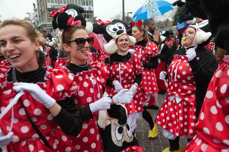 XANTHI, GREECE - FEB 22: Unidentified participants of carnival street parade in Xanthi on Feb. 22, 2015 in Rodopi, Xanthi, Greece. Group of people dancing dressed in carnival costumes.のeditorial素材