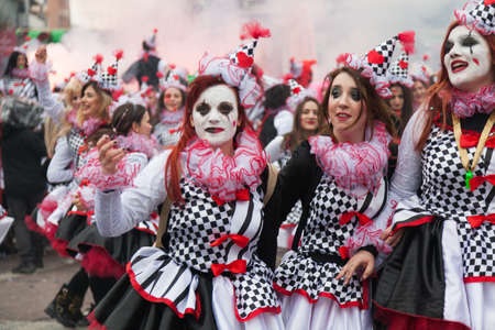 XANTHI, GREECE - FEB 22: Unidentified participants of carnival street parade in Xanthi on Feb. 22, 2015 in Rodopi, Xanthi, Greece. Group of people dancing dressed in carnival costumes.のeditorial素材