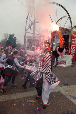XANTHI, GREECE - FEB 22: Unidentified participants of carnival street parade in Xanthi on Feb. 22, 2015 in Rodopi, Xanthi, Greece. Group of people dancing dressed in carnival costumes.のeditorial素材