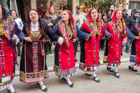 ALEXANDROUPOLIS, GREECE - DEC 31, 2015: Revival of the custom of camel by the Cultural Educational Association of Eastern Rumelia Ebrou around the Town Hall in the city centerのeditorial素材