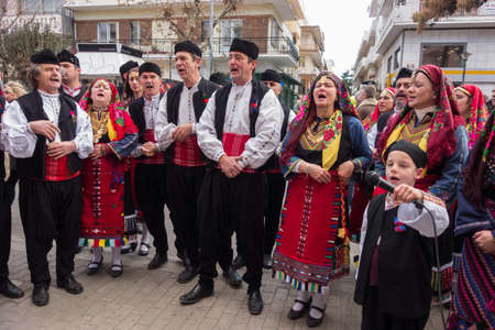 ALEXANDROUPOLIS, GREECE - DEC 31, 2015: Revival of the custom of camel by the Cultural Educational Association of Eastern Rumelia Ebrou around the Town Hall in the city centerのeditorial素材