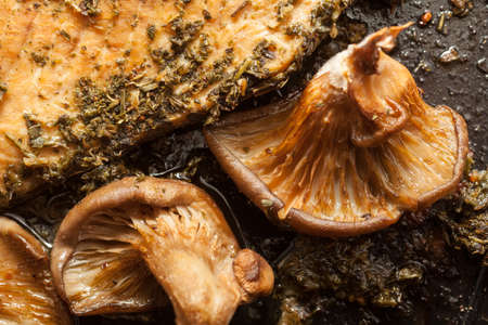 Salmon with mushrooms cooked in the ovenの写真素材