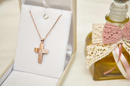Orthodox Christening oil with the baptism crossの写真素材