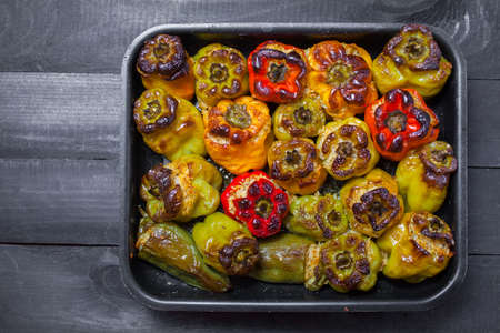 Stuffed peppers with minced meat and rice a traditional plate in Greeceの写真素材