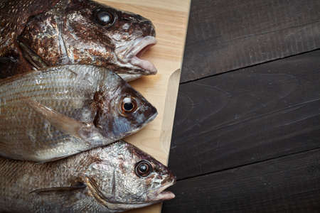 Sciaena umbra, diplodus annularis on wooden cutting board at the kitchenの写真素材