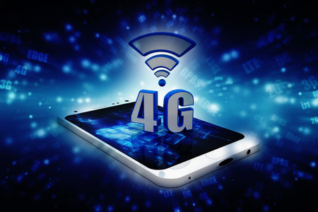 Mobile telecommunication cellular high speed data connection business concept: blue metallic 4G LTE...