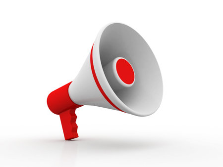 Red megaphone or loudspeaker in the design of information related to communication. 3d illustrationの写真素材
