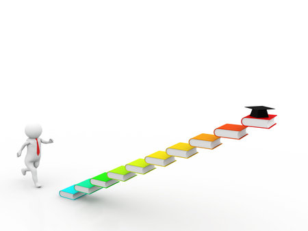 3d man with book steps on white isolated background. 3d renderの写真素材
