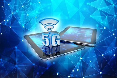 5G network wireless internet connection with tablet and smart phone on blue backgroundの写真素材