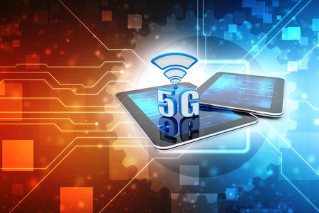 Smartphone with 5G sign in digital technology background, 3d illustration
