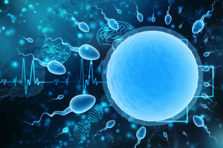 Human Sperm Cell on microscope. Scientific background, Natural fertilization. Medical Technology...