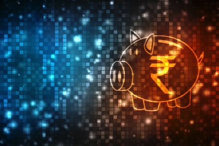 Piggy bank with Indian rupee currency symbol on digital backgroundの写真素材