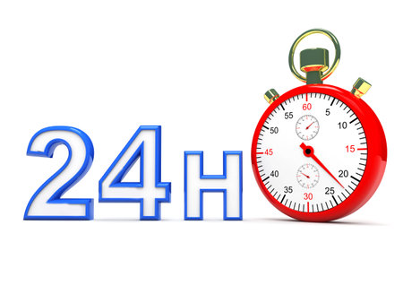 24 hours service. Red stopwatch on a white background. 3d renderingの写真素材