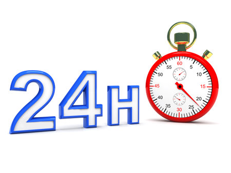 24 hours service. Stopwatch and word 24 hours on white backgroundの写真素材