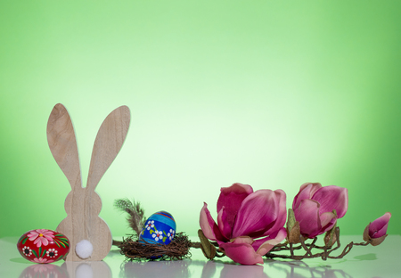 Easter decoration with bunny and colorful eggsの写真素材