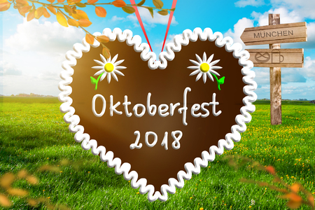Oktoberfest 2018. Gingerbread heart. Green meadow.の写真素材