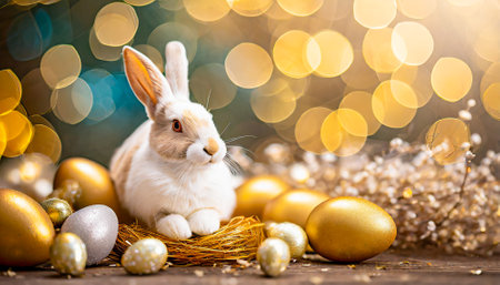 Easter decoration with bunny and golden eggs on bokeh backgroundの素材