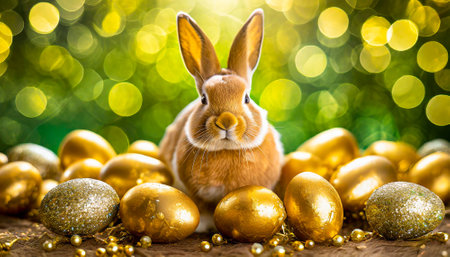 Easter bunny with golden eggs on bokeh lights background.の素材