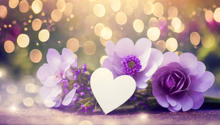 Purple flowers and white heart on bokeh background. Valentines day conceptの素材