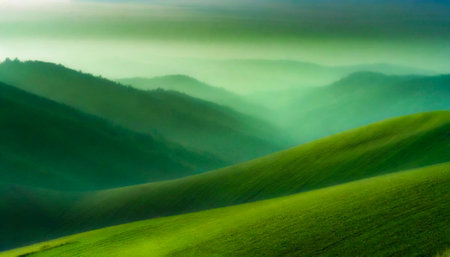 Abstract modern hilly landscape in the morning mist. Green colors. Wallpapersの素材