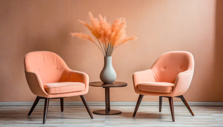 Two orange armchairs and vase with dry pampas grass. Color of the year 2024の素材