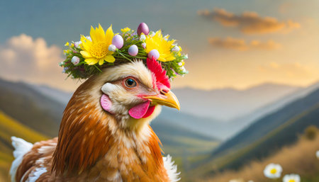 Chicken with a wreath of flowers on the head in the mountainsの素材