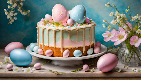 Easter cake with colored eggs and spring flowers on a wooden backgroundの素材
