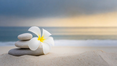 Spa stones and frangipani flowers on the sand with sea backgroundの素材