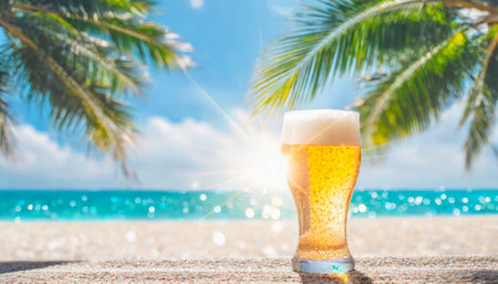 Glass of beer on the beach with sea and palm tree background.の素材