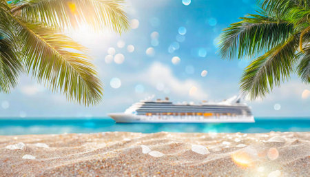 Cruise ship and palm tree on the beach. Summer vacation backgroundの素材