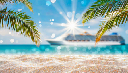 Palm leaf on tropical beach with cruise ship in the background. Summer vacation concept.の素材